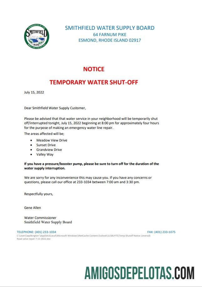 para download EUA Rhode Island Smithfield Water Supply Board Aviso de desligamento de água, modelo Word e PDF